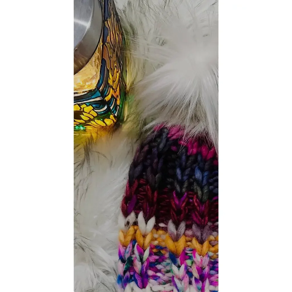 Handmade Neon Merino Wool Beanie: Colorful Winter Hat with Faux Fur Pom